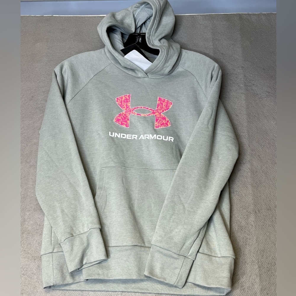 🆕 Youth Girls Large Under Armour Logo Hoodie Grey/Pink Fast Shipping
